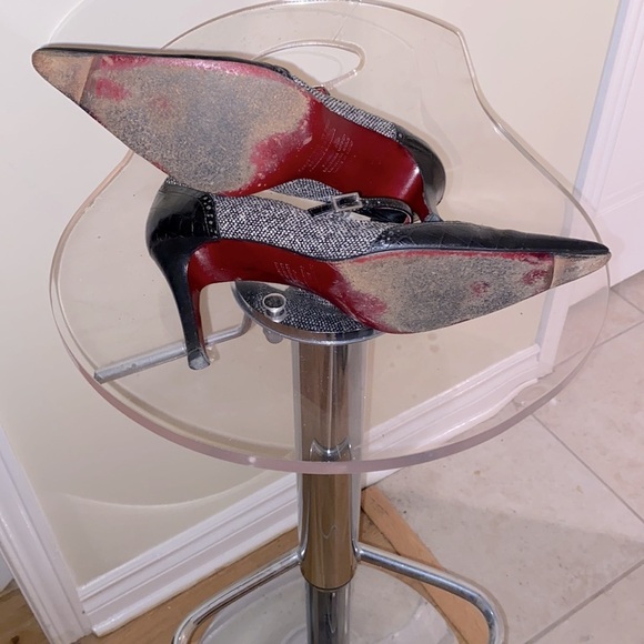 Carlo Alberto croc pattern leather & herringbone fabric heels, straps.  🖤♥️ - Picture 8 of 11